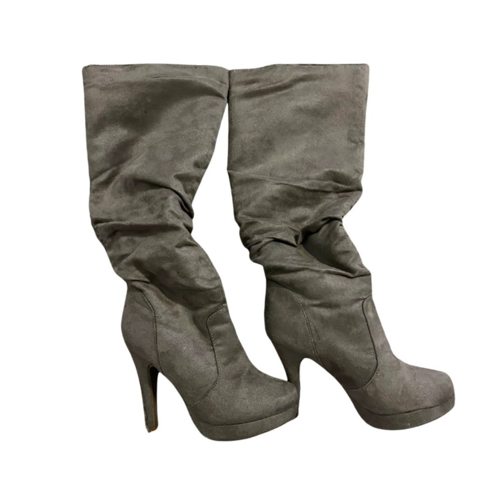 izabel size 6 knee high boots brown taupe tan suede platform heels
